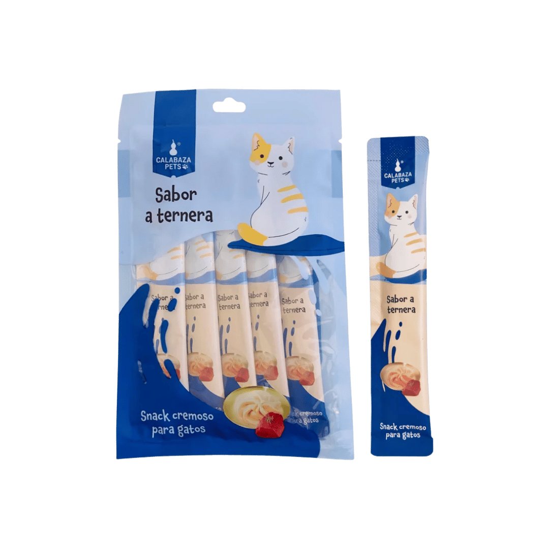 SNACK CREMOSO PARA GATOS SABOR TERNERA CALABAZA X 4 UND